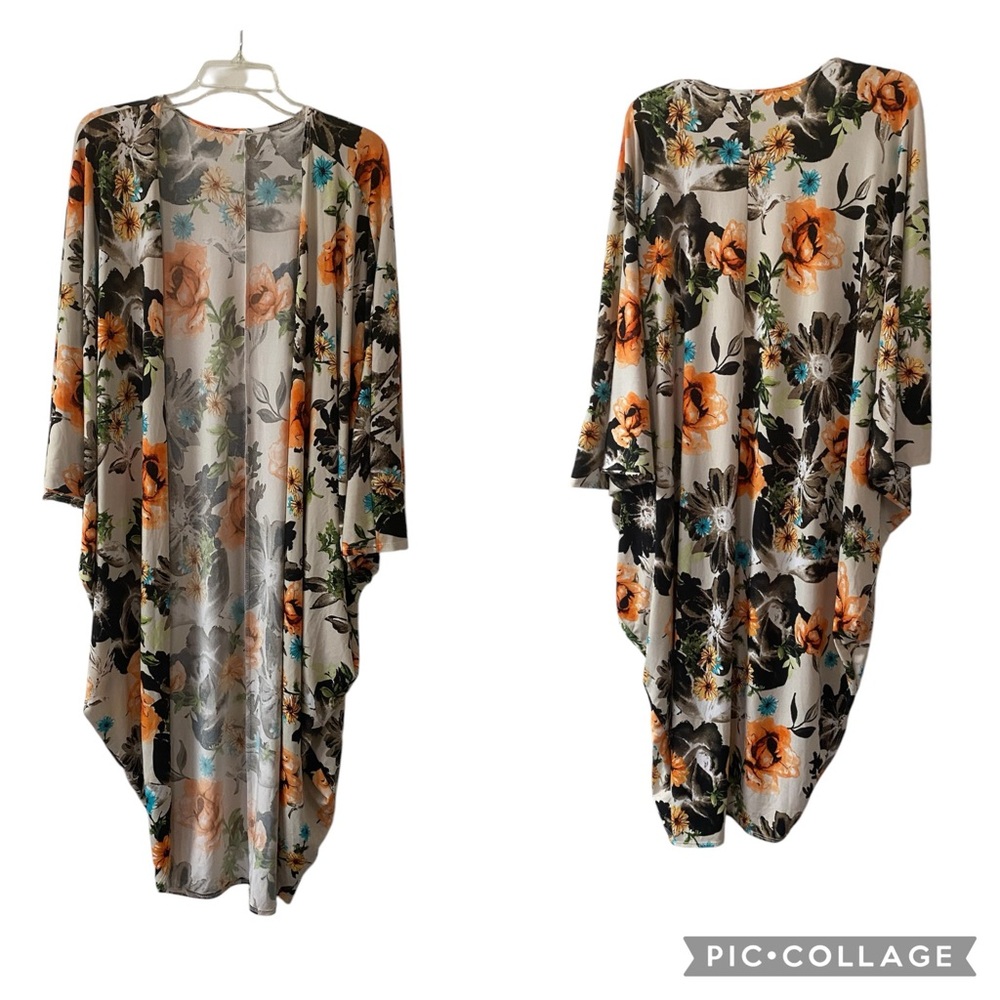 Goodtimes USA Stretch Knit Floral Kimono Cardigan Ivory 1/2 Sleeves Size Small